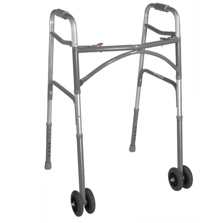 DRIVE Medical Bariatric Folding Two-Button Walker With 5" Wheels (32"-39")