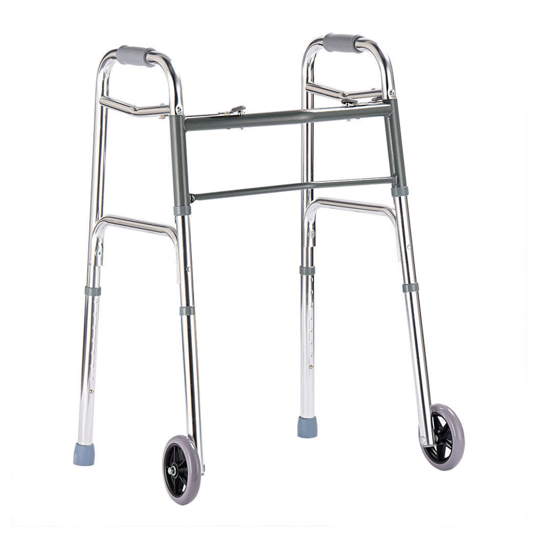 DRIVE Medical Folding Two-Button Walker With 5" Wheels (32"-39")