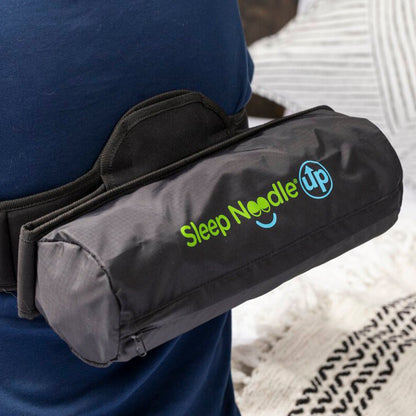 Sleep Noodle product on a person's back with visible branding