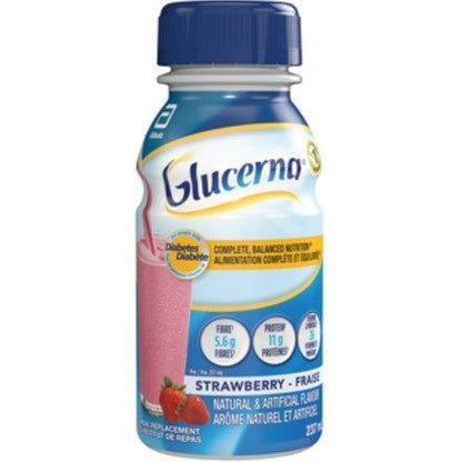 Glucerna strawberry-flavored nutritional drink bottle on a white background