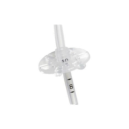 Clear MIC Gastrostomy Tube plastic medical device with measurement markings on a white background