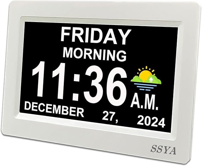 SSYA 7 Inch Digital Calendar Alarm Clock - Dementia Clocks for Vision Impaired, Elderly, Memory Loss Clock with Non-Abbreviated Clock with Date and Day.