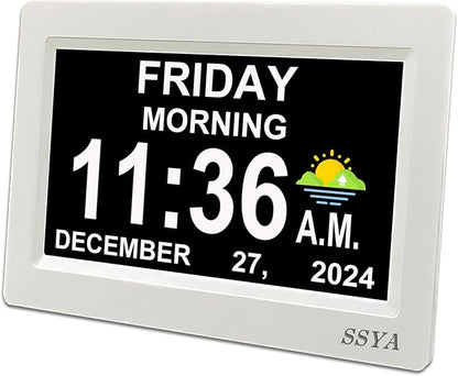 SSYA 7 Inch Digital Calendar Alarm Clock - Dementia Clocks for Vision Impaired, Elderly, Memory Loss Clock with Non-Abbreviated Clock with Date and Day.