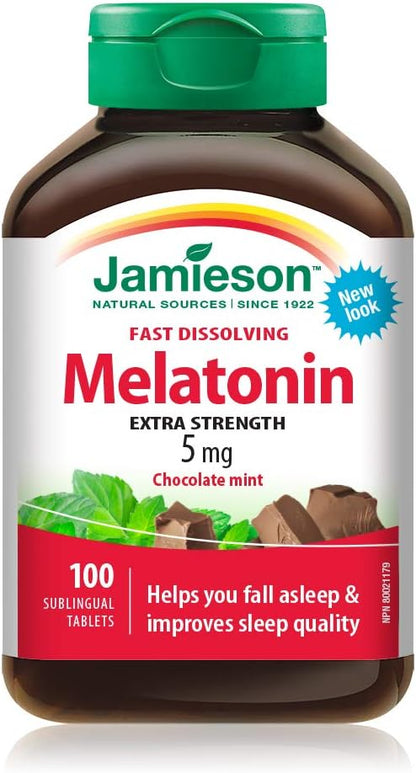 Jamieson Melatonin 5 mg Extra Strength Chocolate Mint Flavour, Fast Dissolving, Improves Sleep Quality, Increases Sleep Time, Helps Reset the Body's Sleep-Wake Cycle. Vegetarian, Gluten-Free, No Artificial Flavours, Preservatives, 100 Sublingual Tablets