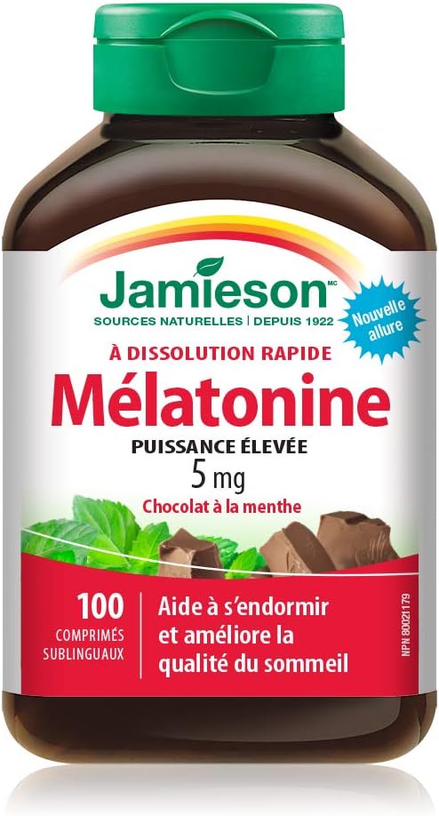 Jamieson Melatonin 5 mg Extra Strength Chocolate Mint Flavour, Fast Dissolving, Improves Sleep Quality, Increases Sleep Time, Helps Reset the Body's Sleep-Wake Cycle. Vegetarian, Gluten-Free, No Artificial Flavours, Preservatives, 100 Sublingual Tablets