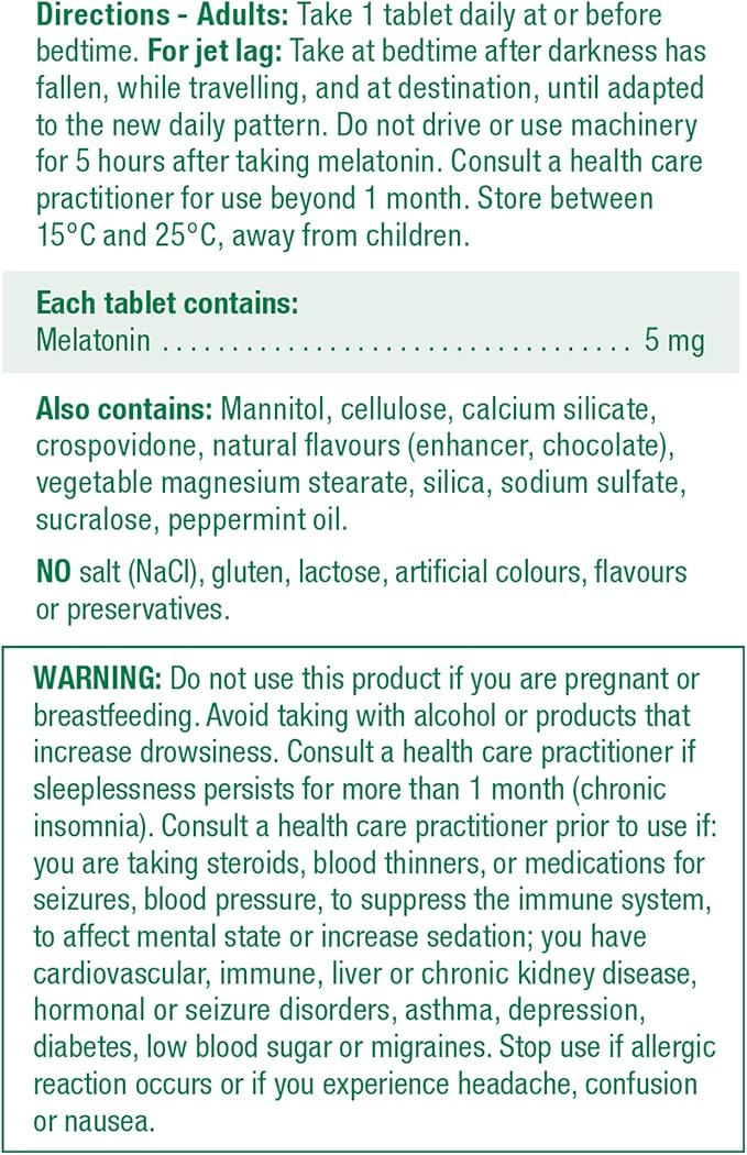 Jamieson Melatonin 5 mg Extra Strength Chocolate Mint Flavour, Fast Dissolving, Improves Sleep Quality, Increases Sleep Time, Helps Reset the Body's Sleep-Wake Cycle. Vegetarian, Gluten-Free, No Artificial Flavours, Preservatives, 100 Sublingual Tablets