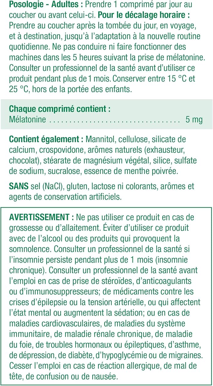 Jamieson Melatonin 5 mg Extra Strength Chocolate Mint Flavour, Fast Dissolving, Improves Sleep Quality, Increases Sleep Time, Helps Reset the Body's Sleep-Wake Cycle. Vegetarian, Gluten-Free, No Artificial Flavours, Preservatives, 100 Sublingual Tablets
