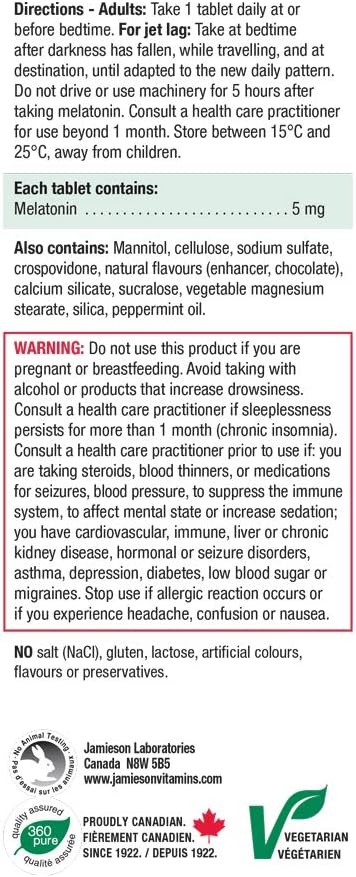 Jamieson Melatonin 5 mg Extra Strength Chocolate Mint Flavour, Fast Dissolving, Improves Sleep Quality, Increases Sleep Time, Helps Reset the Body's Sleep-Wake Cycle. Vegetarian, Gluten-Free, No Artificial Flavours, Preservatives, 100 Sublingual Tablets