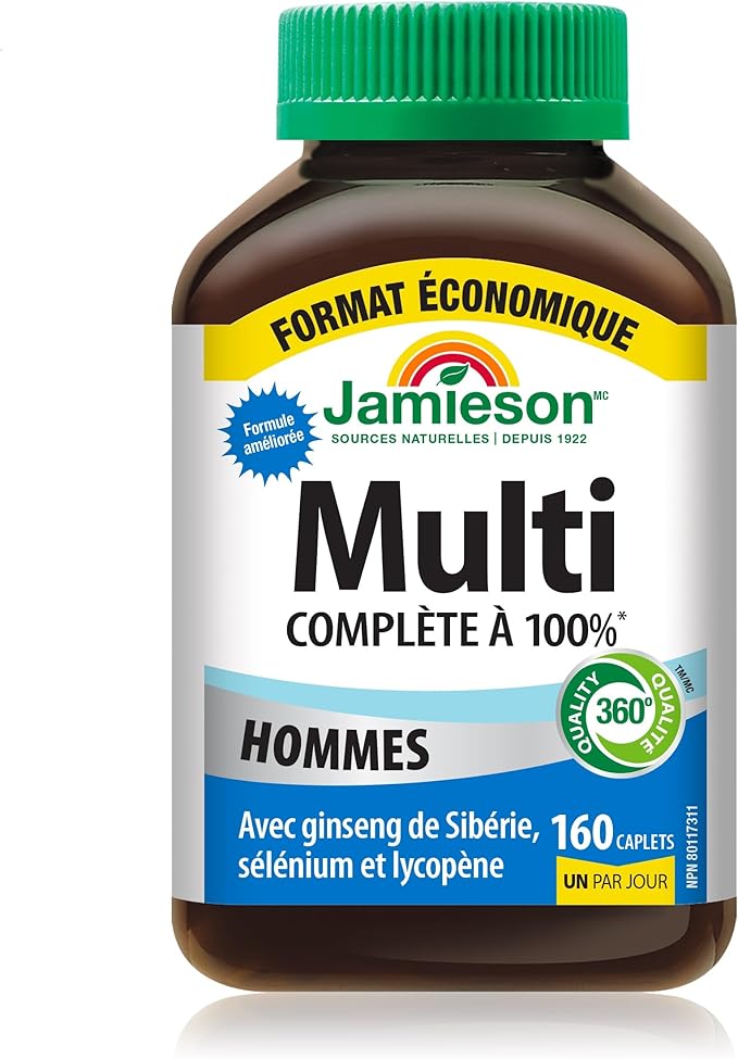Jamieson 100% Complete Multivitamin for Men, with Siberian Ginseng, Lycopene and Selenium. Supports Eye Health, Energy, Immunity, and Everyday Health, Gluten-Free, One Per Day, 160 Caplets