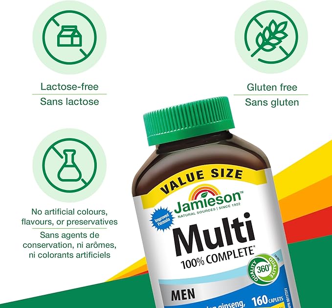 Jamieson 100% Complete Multivitamin for Men, with Siberian Ginseng, Lycopene and Selenium. Supports Eye Health, Energy, Immunity, and Everyday Health, Gluten-Free, One Per Day, 160 Caplets