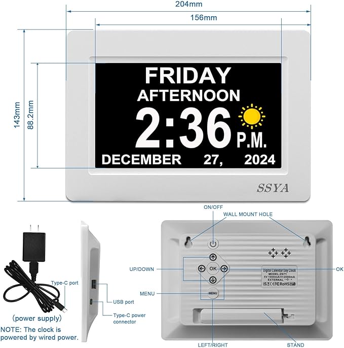 SSYA 7 Inch Digital Calendar Alarm Clock - Dementia Clocks for Vision Impaired, Elderly, Memory Loss Clock with Non-Abbreviated Clock with Date and Day.