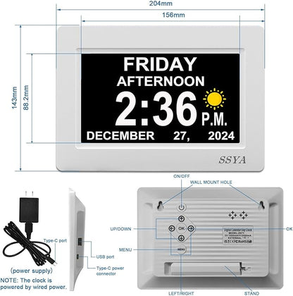 SSYA 7 Inch Digital Calendar Alarm Clock - Dementia Clocks for Vision Impaired, Elderly, Memory Loss Clock with Non-Abbreviated Clock with Date and Day.