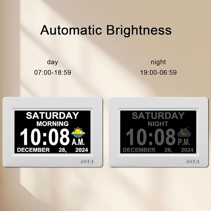 SSYA 7 Inch Digital Calendar Alarm Clock - Dementia Clocks for Vision Impaired, Elderly, Memory Loss Clock with Non-Abbreviated Clock with Date and Day.
