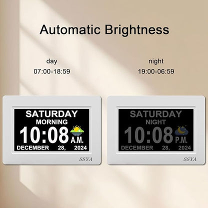 SSYA 7 Inch Digital Calendar Alarm Clock - Dementia Clocks for Vision Impaired, Elderly, Memory Loss Clock with Non-Abbreviated Clock with Date and Day.