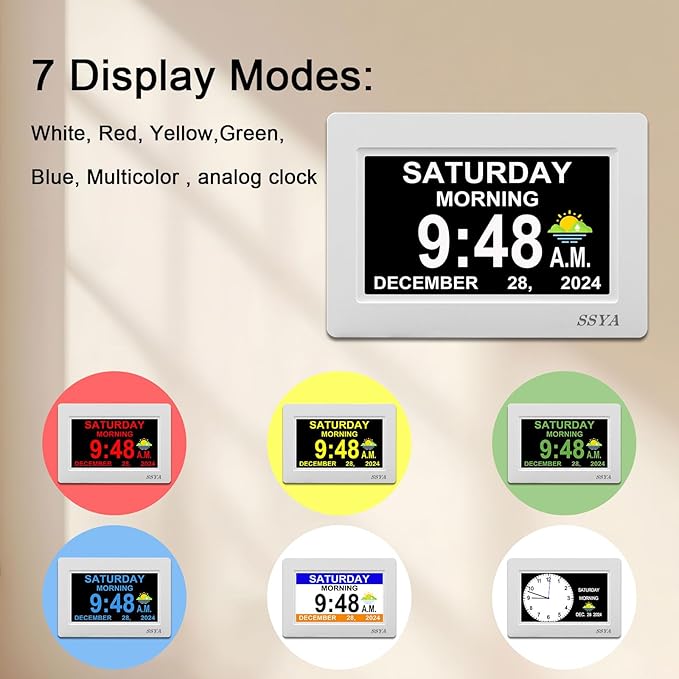 SSYA 7 Inch Digital Calendar Alarm Clock - Dementia Clocks for Vision Impaired, Elderly, Memory Loss Clock with Non-Abbreviated Clock with Date and Day.
