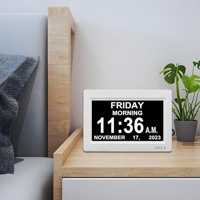 SSYA 7 Inch Digital Calendar Alarm Clock - Dementia Clocks for Vision Impaired, Elderly, Memory Loss Clock with Non-Abbreviated Clock with Date and Day.
