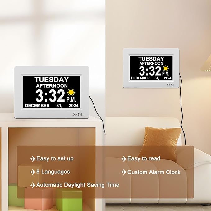 SSYA 7 Inch Digital Calendar Alarm Clock - Dementia Clocks for Vision Impaired, Elderly, Memory Loss Clock with Non-Abbreviated Clock with Date and Day.
