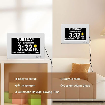 SSYA 7 Inch Digital Calendar Alarm Clock - Dementia Clocks for Vision Impaired, Elderly, Memory Loss Clock with Non-Abbreviated Clock with Date and Day.
