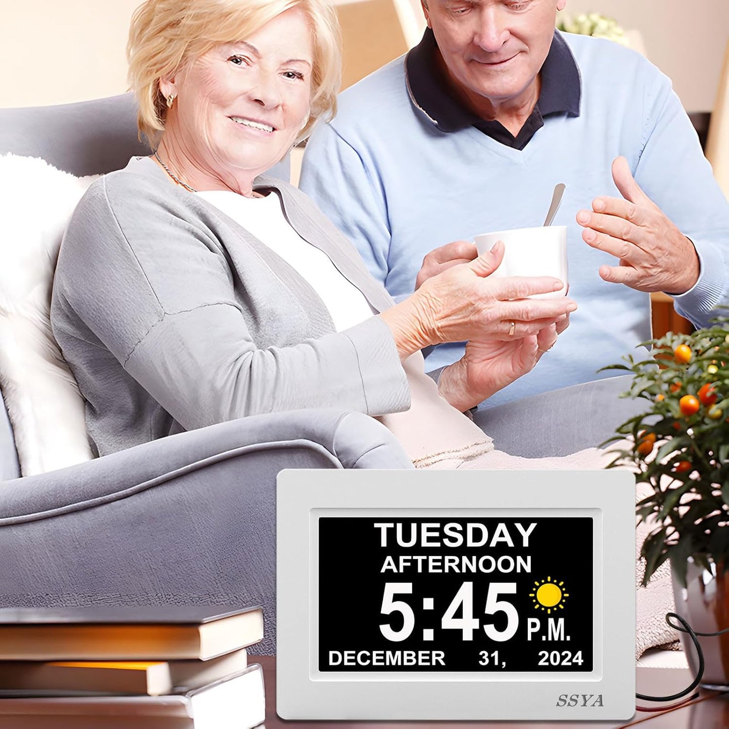 SSYA 7 Inch Digital Calendar Alarm Clock - Dementia Clocks for Vision Impaired, Elderly, Memory Loss Clock with Non-Abbreviated Clock with Date and Day.