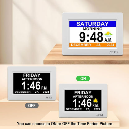 SSYA 7 Inch Digital Calendar Alarm Clock - Dementia Clocks for Vision Impaired, Elderly, Memory Loss Clock with Non-Abbreviated Clock with Date and Day.