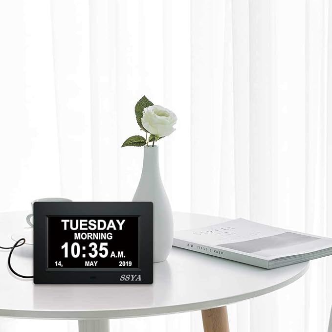SSYA 7 Inch Digital Calendar Alarm Clock - Dementia Clocks for Vision Impaired, Elderly, Memory Loss Clock with Non-Abbreviated Clock with Date and Day.