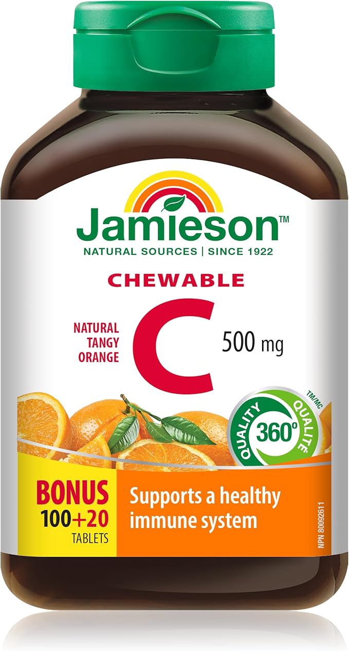 Jamieson Chewable Vitamin C 500 mg Natural Tangy Orange, Supports Immune Health, Strong Teeth and Bones. Family Friendly (4+), Vegetarian, Non-GMO, Gluten-Free, No Artificial Flavours, Colours, or Preservatives, 120 Count