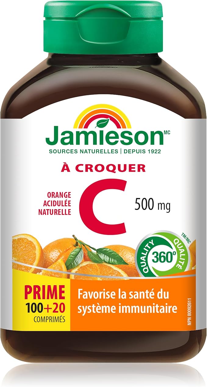 Jamieson Chewable Vitamin C 500 mg Natural Tangy Orange, Supports Immune Health, Strong Teeth and Bones. Family Friendly (4+), Vegetarian, Non-GMO, Gluten-Free, No Artificial Flavours, Colours, or Preservatives, 120 Count