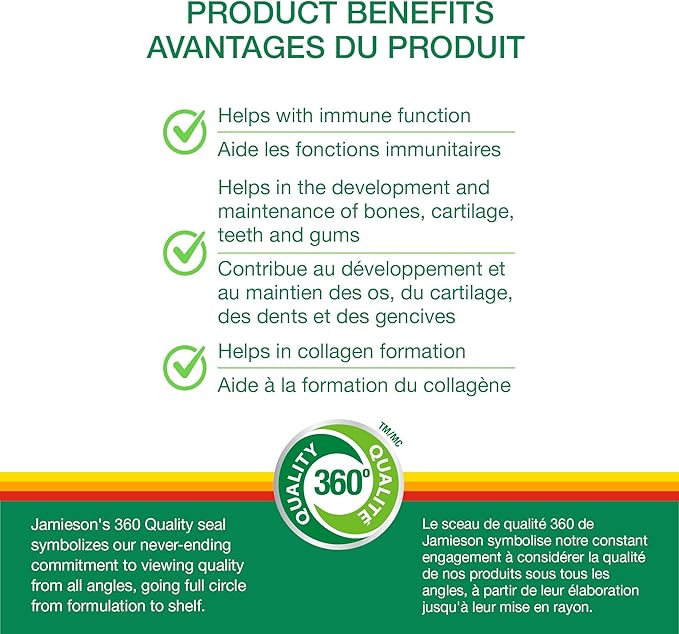 Jamieson Chewable Vitamin C 500 mg Natural Tangy Orange, Supports Immune Health, Strong Teeth and Bones. Family Friendly (4+), Vegetarian, Non-GMO, Gluten-Free, No Artificial Flavours, Colours, or Preservatives, 120 Count