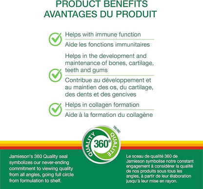 Jamieson Chewable Vitamin C 500 mg Natural Tangy Orange, Supports Immune Health, Strong Teeth and Bones. Family Friendly (4+), Vegetarian, Non-GMO, Gluten-Free, No Artificial Flavours, Colours, or Preservatives, 120 Count