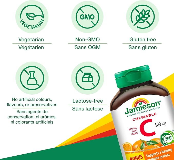 Jamieson Chewable Vitamin C 500 mg Natural Tangy Orange, Supports Immune Health, Strong Teeth and Bones. Family Friendly (4+), Vegetarian, Non-GMO, Gluten-Free, No Artificial Flavours, Colours, or Preservatives, 120 Count