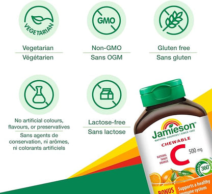 Jamieson Chewable Vitamin C 500 mg Natural Tangy Orange, Supports Immune Health, Strong Teeth and Bones. Family Friendly (4+), Vegetarian, Non-GMO, Gluten-Free, No Artificial Flavours, Colours, or Preservatives, 120 Count