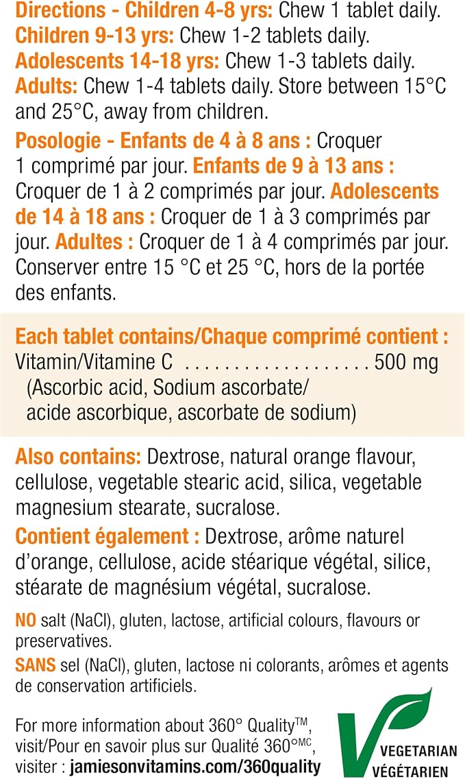 Jamieson Chewable Vitamin C 500 mg Natural Tangy Orange, Supports Immune Health, Strong Teeth and Bones. Family Friendly (4+), Vegetarian, Non-GMO, Gluten-Free, No Artificial Flavours, Colours, or Preservatives, 120 Count