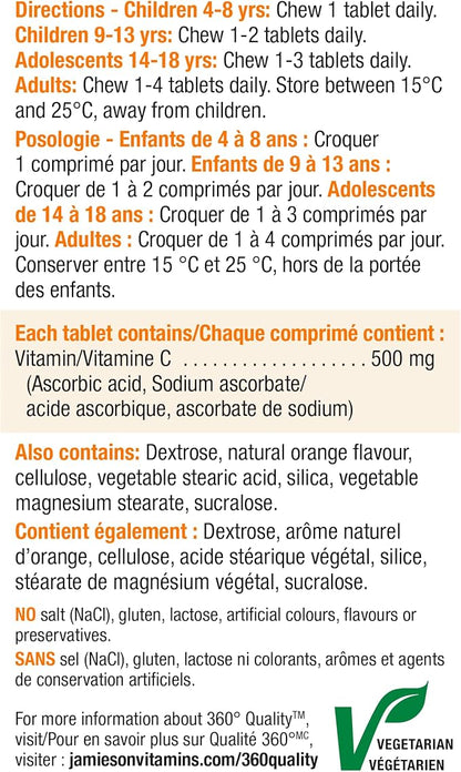 Jamieson Chewable Vitamin C 500 mg Natural Tangy Orange, Supports Immune Health, Strong Teeth and Bones. Family Friendly (4+), Vegetarian, Non-GMO, Gluten-Free, No Artificial Flavours, Colours, or Preservatives, 120 Count
